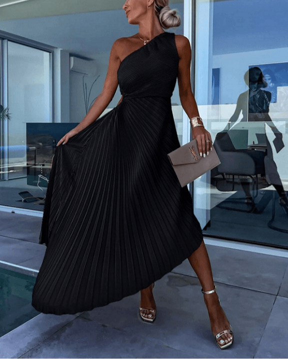Women's Bridesmaid Dress One Shoulder Pleated Maxi Dress