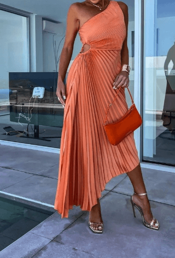Women's Bridesmaid Dress One Shoulder Pleated Maxi Dress