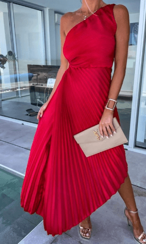 Women's Bridesmaid Dress One Shoulder Pleated Maxi Dress