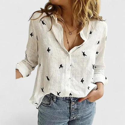 Women's Linen Blouse with V-Neck and Button Closure