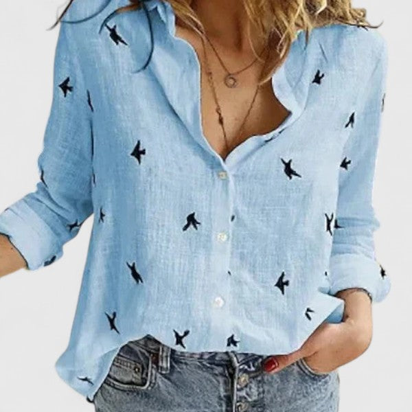 Women's Linen Blouse with V-Neck and Button Closure