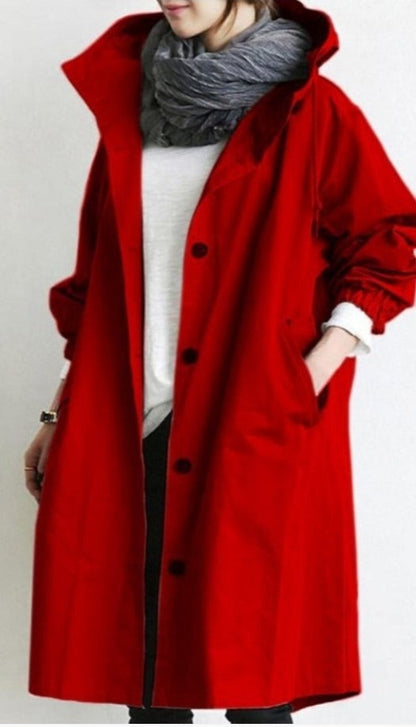 Women's Casual Long Coat with Hood and Buttons
