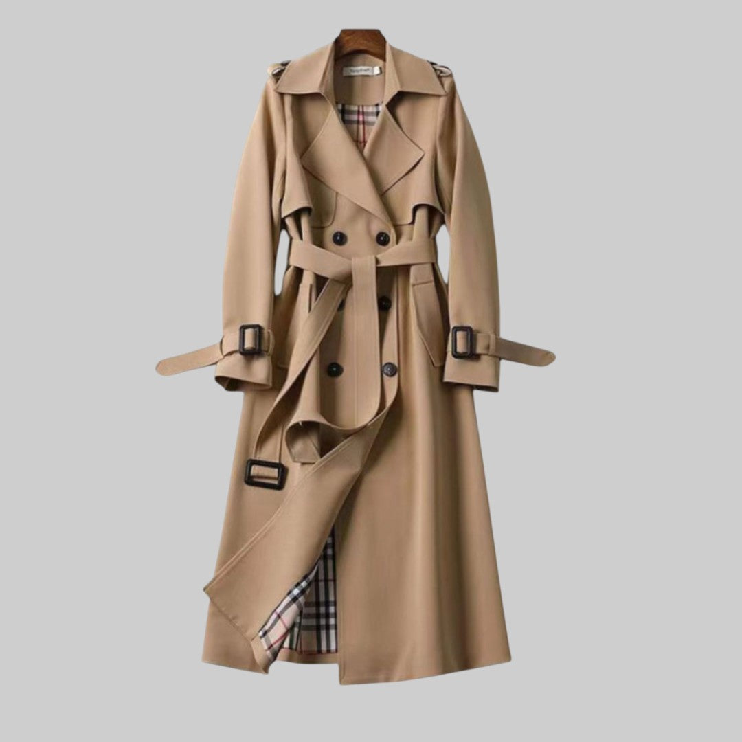Women's Long Trench Coat with Belt and Double Button Closure