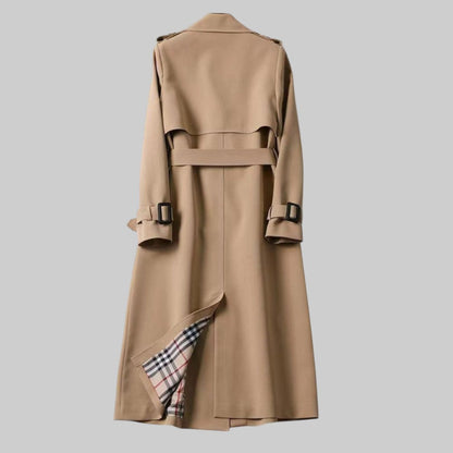 Women's Long Trench Coat with Belt and Double Button Closure