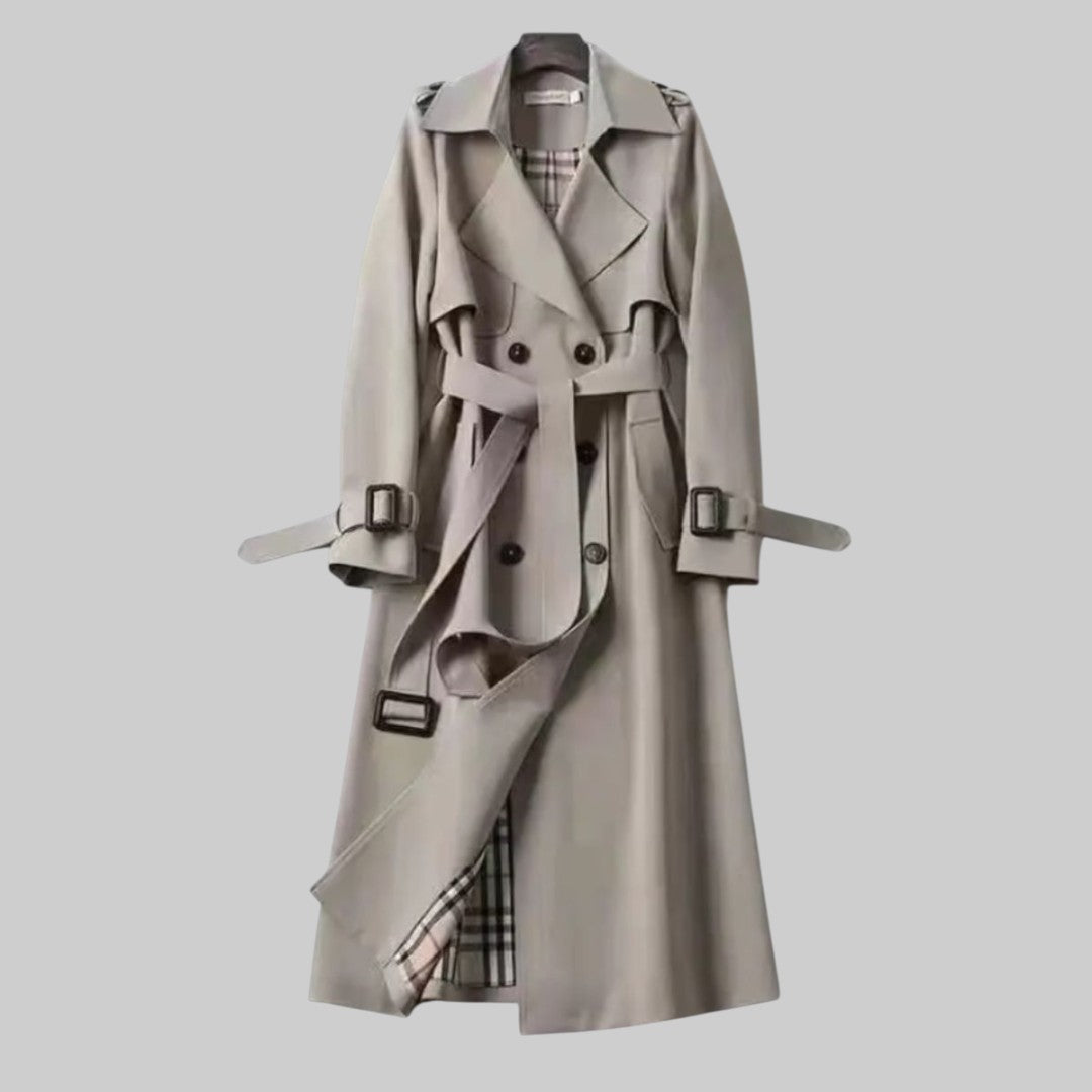 Women's Long Trench Coat with Belt and Double Button Closure