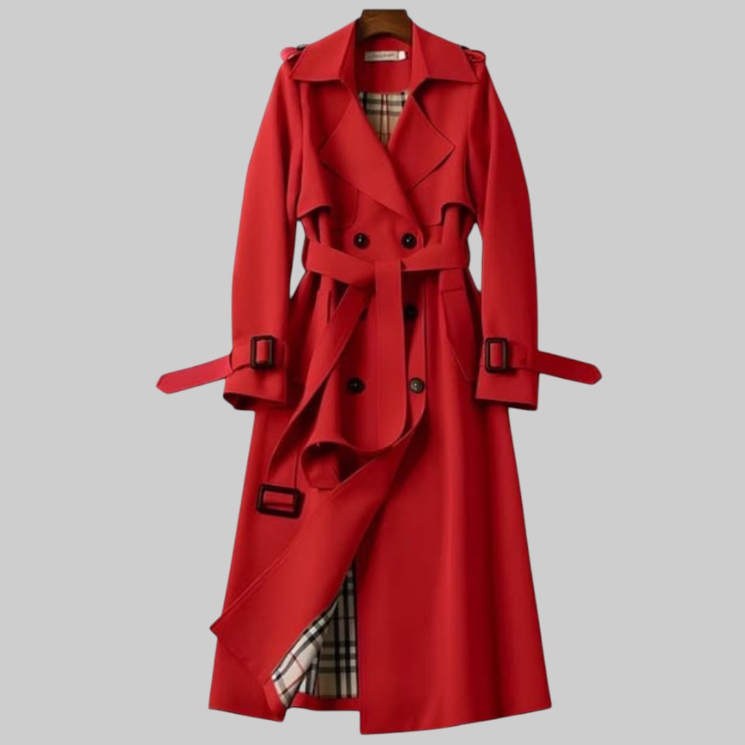 Women's Long Trench Coat with Belt and Double Button Closure