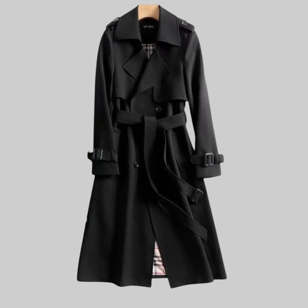 Women's Long Trench Coat with Belt and Double Button Closure