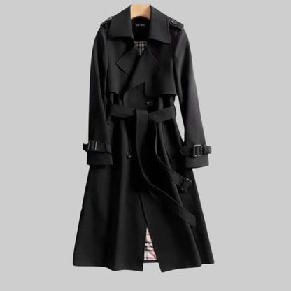 Women's Long Trench Coat with Belt and Double Button Closure