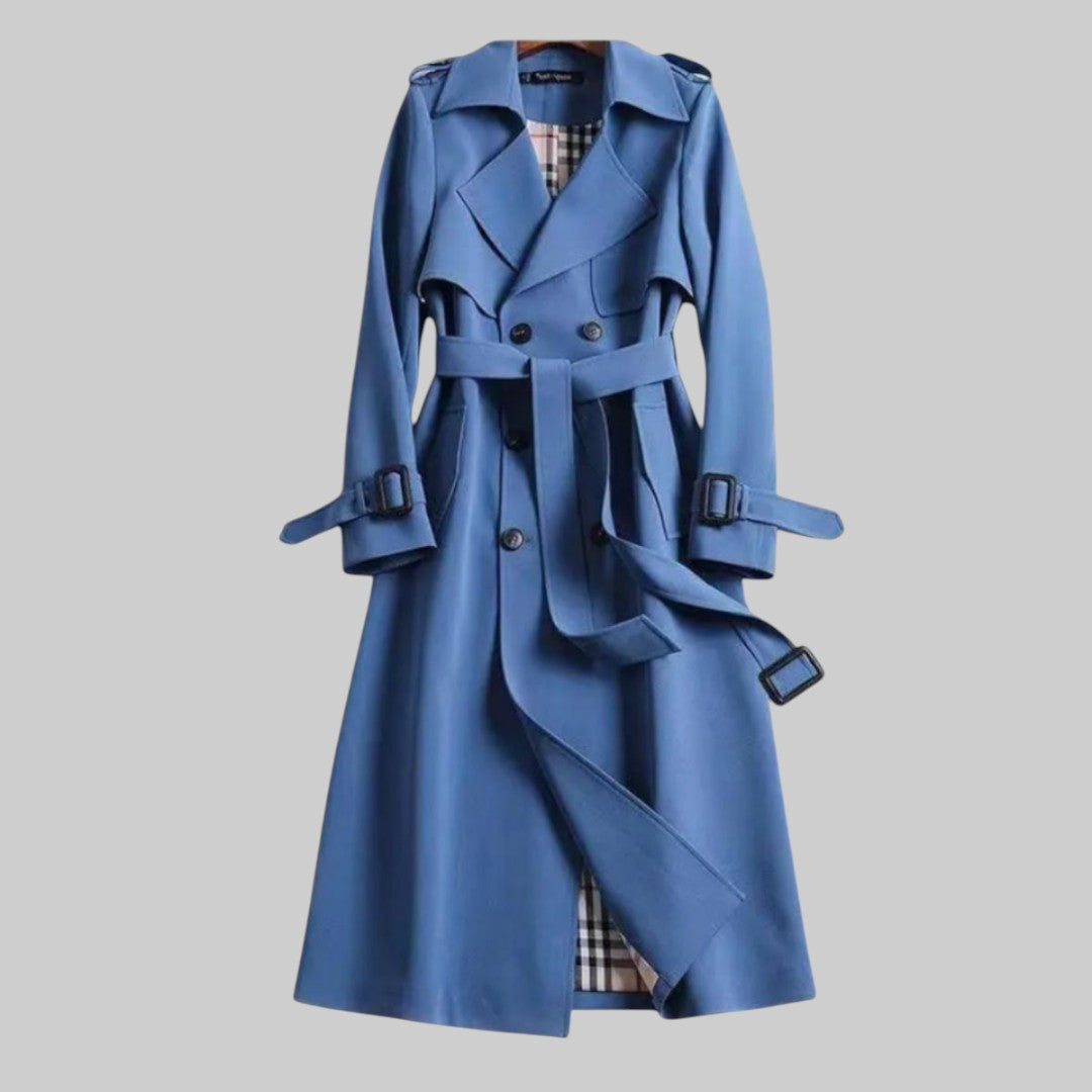 Women's Long Trench Coat with Belt and Double Button Closure