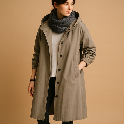 Women's Long Casual Coat with Buttons and Hood