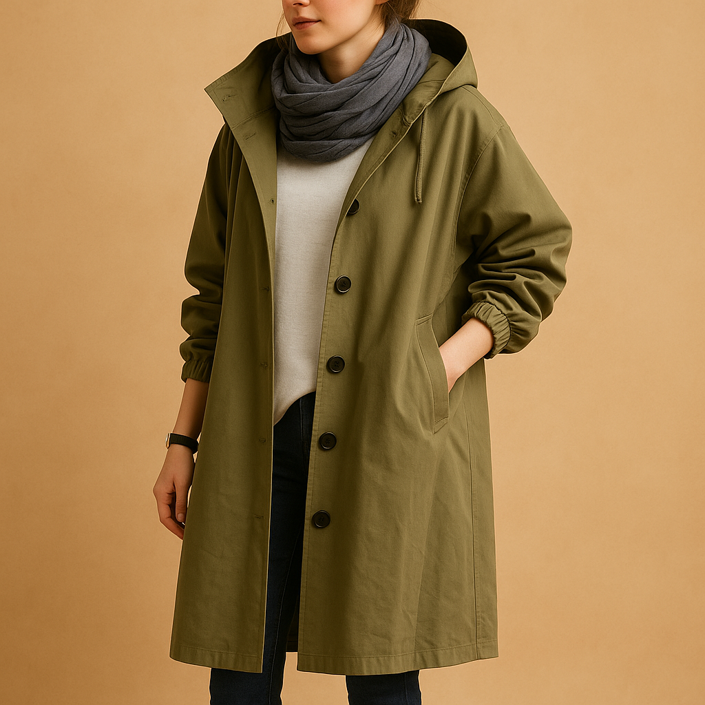 Women's Long Casual Coat with Buttons and Hood