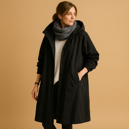 Women's Long Casual Coat with Buttons and Hood