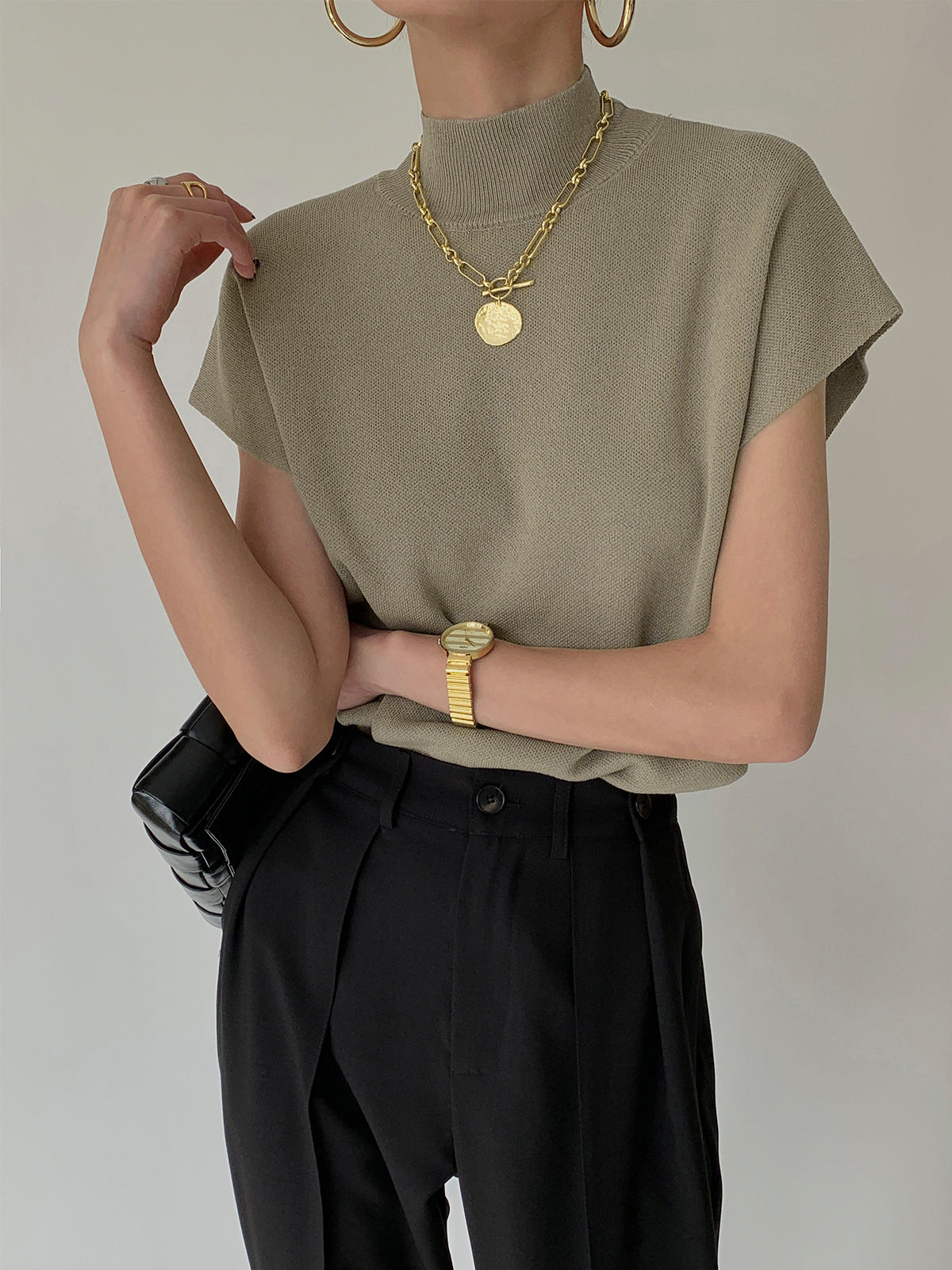 Women's Casual Top with Mock Neck and Short Sleeves