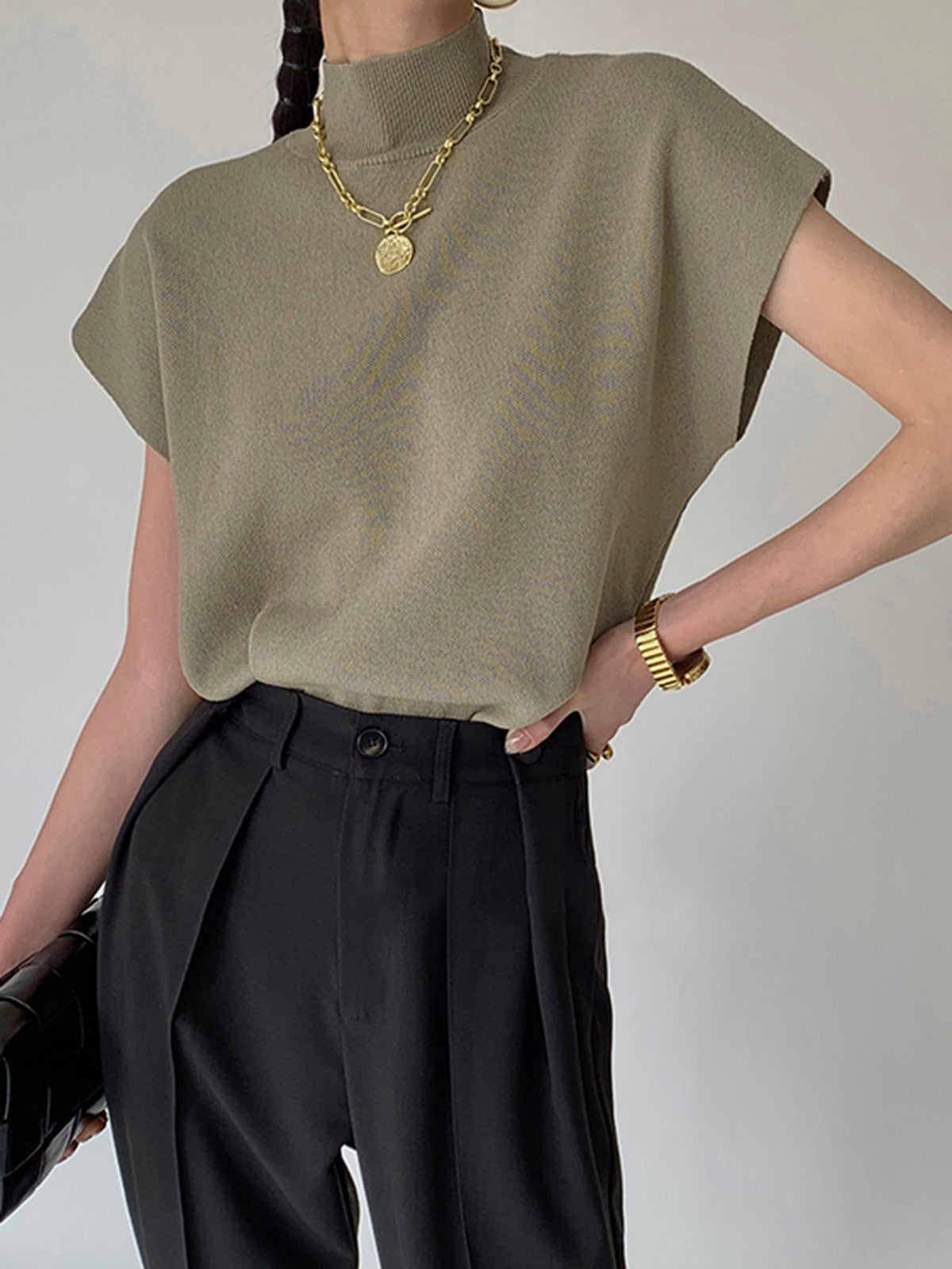 Women's Casual Top with Mock Neck and Short Sleeves