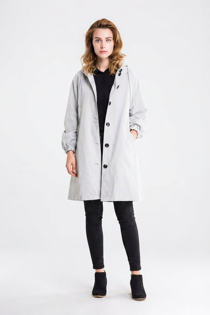 Women's Casual Long Coat with Hood and Buttons