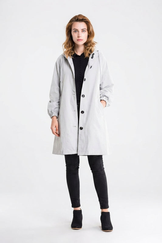 Women's Casual Long Coat with Hood and Buttons