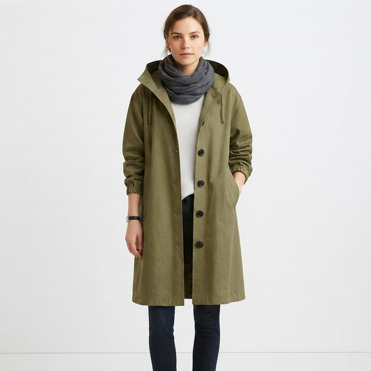 Women's Long Casual Coat with Buttons and Hood