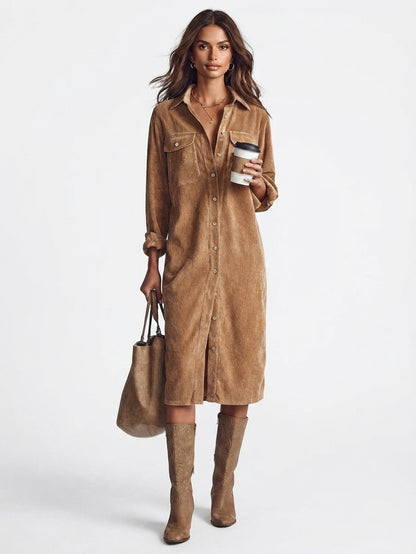 Women's Midi Dress with Front Button Closure and Long Sleeves