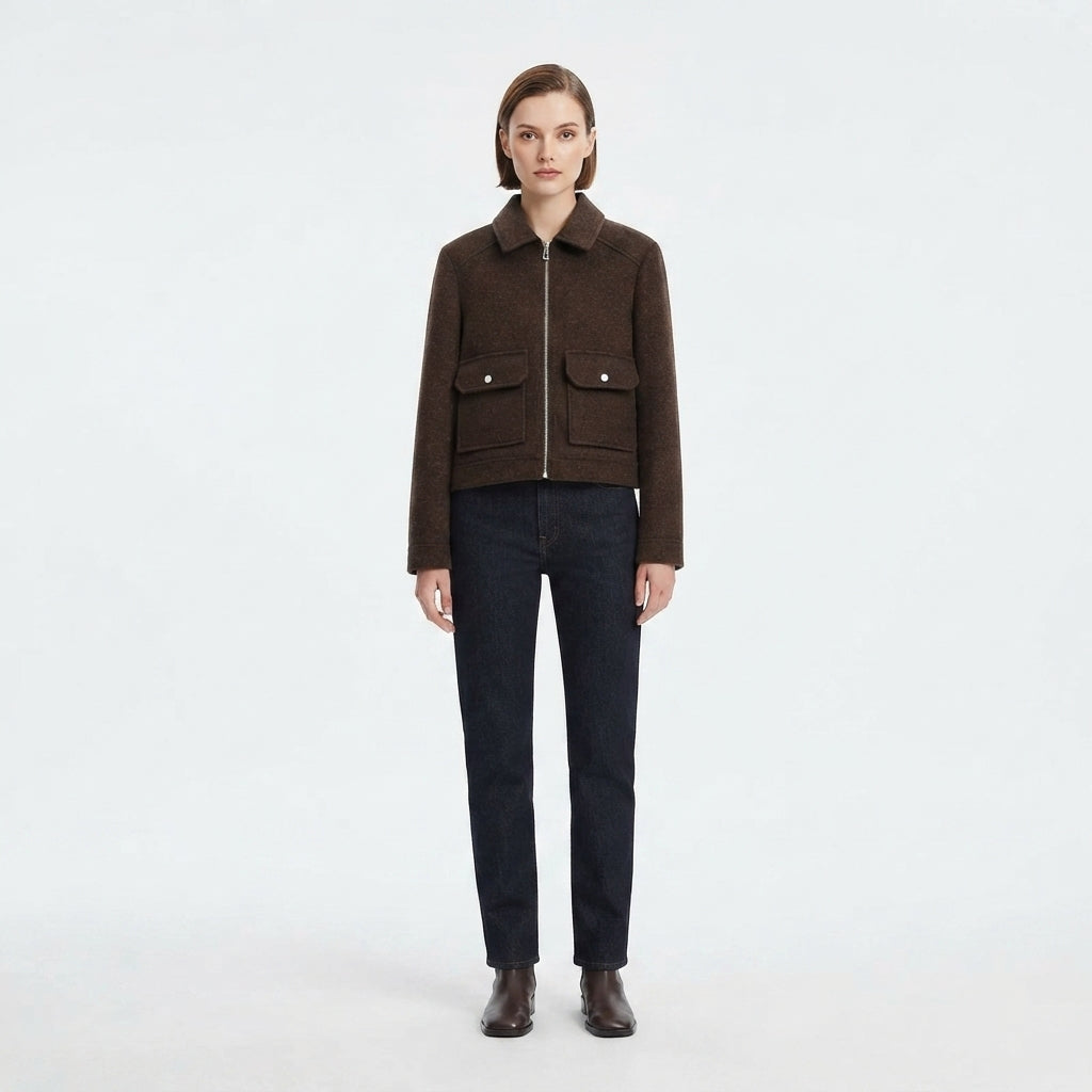 Women's Cropped Bomber Jacket with Zipper