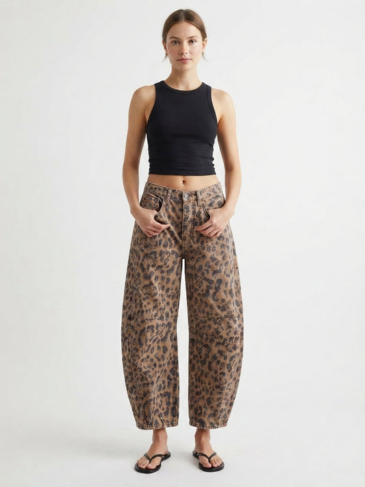 Women's Leopard Print Jeans with Wide Legs