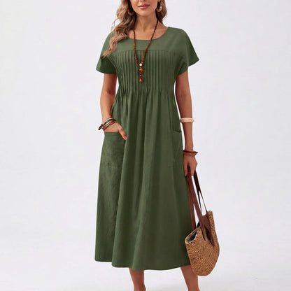 Women's Pleated Midi Dress with Short Sleeves