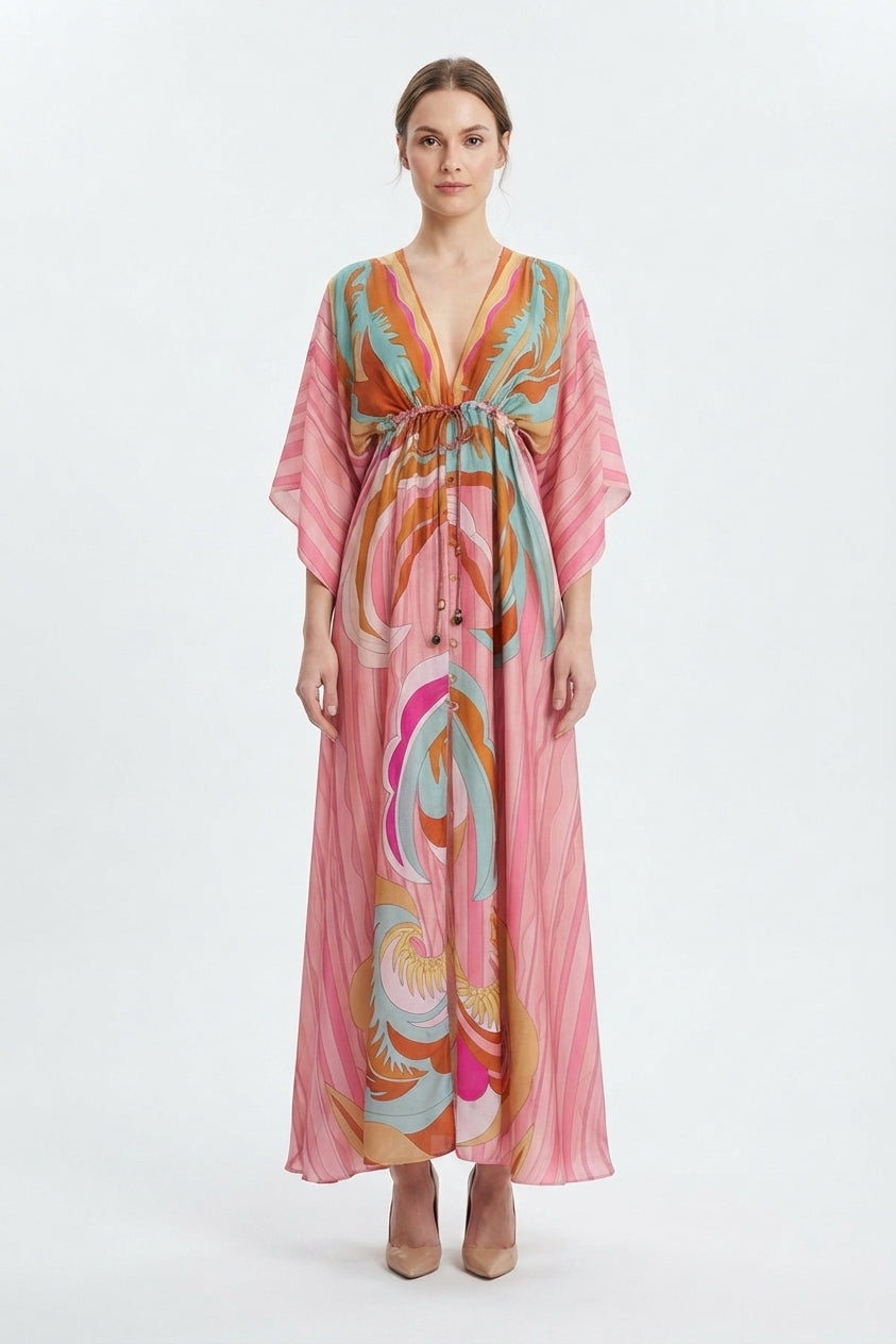 Women's Maxi Dress with Print, V-Neck, and Belt