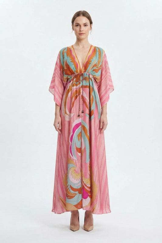 Women's Maxi Dress with Print, V-Neck, and Belt