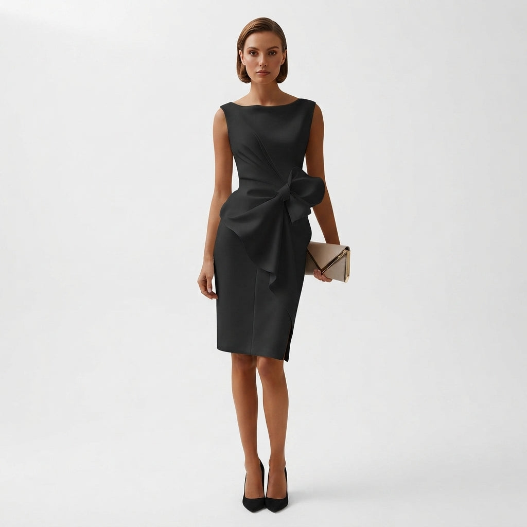 Ladies Elegant Midi Dress with Bow Detail