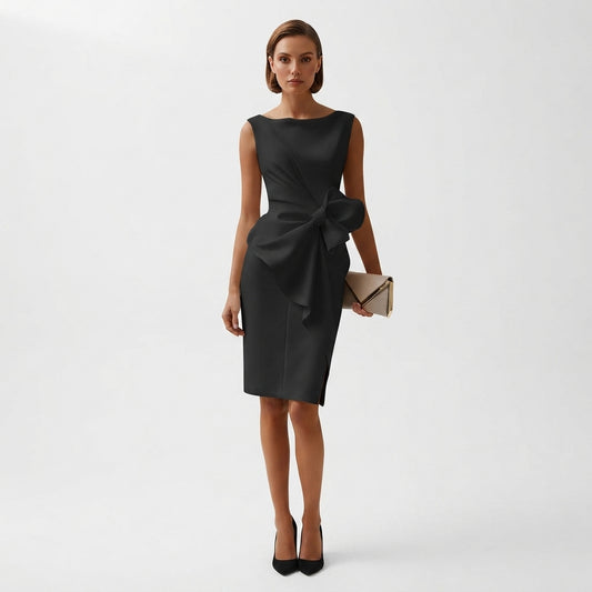 Ladies Elegant Midi Dress with Bow Detail