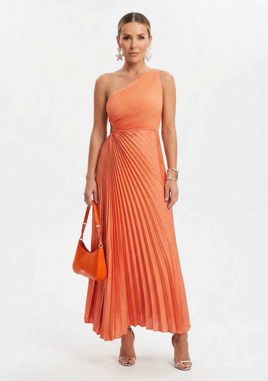 Women's Bridesmaid Dress One Shoulder Pleated Maxi Dress