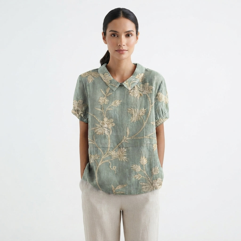 Women's Casual Top with Floral Print and Collar