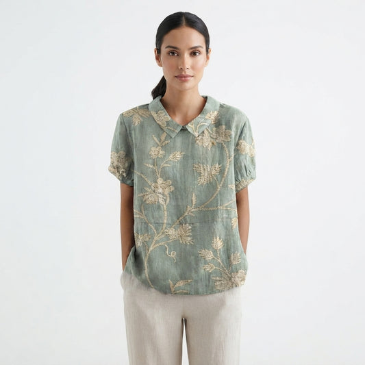 Women's Casual Top with Floral Print and Collar