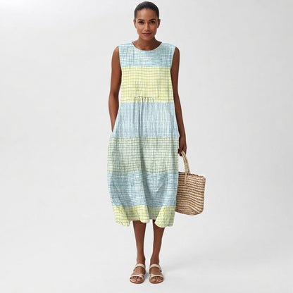 Women's Linen Checked Sleeveless Midi Dress