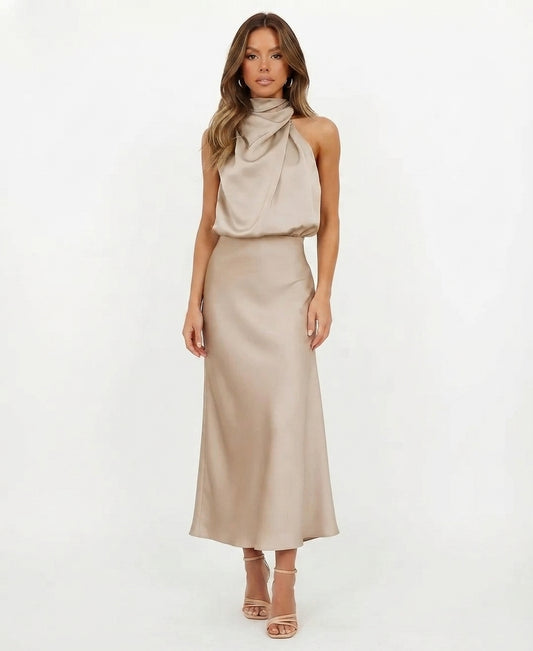 Women's Satin Halter Style Formal Midi Dress