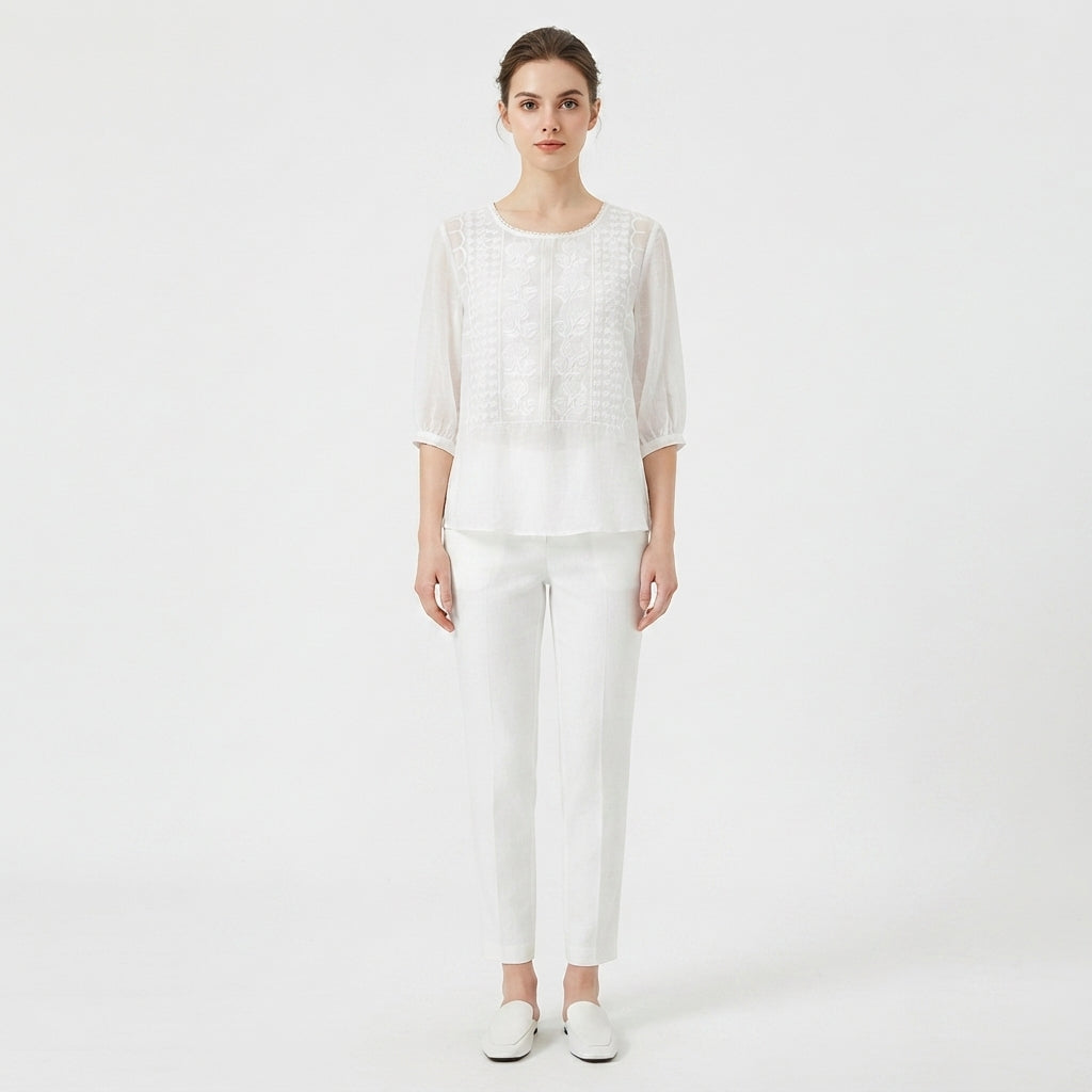 Women's Embroidered Blouse with Round Neck
