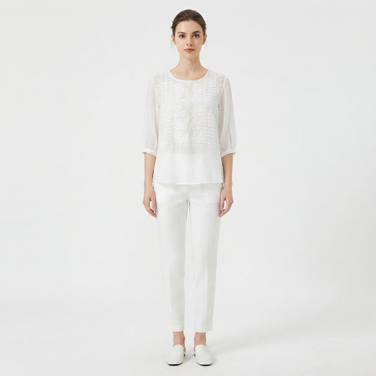 Women's Embroidered Blouse with Round Neck