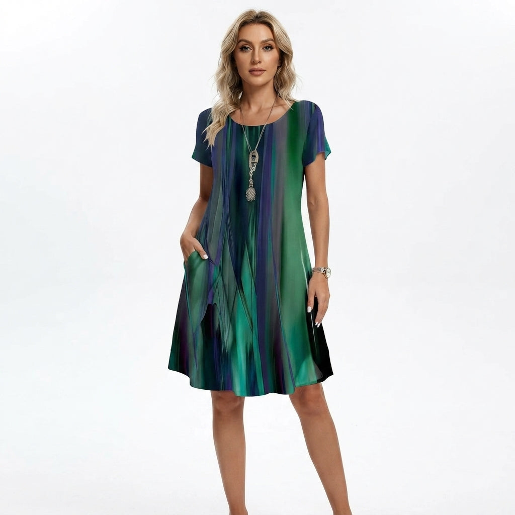 Women's Printed Midi Dress with Short Sleeves and Round Neck
