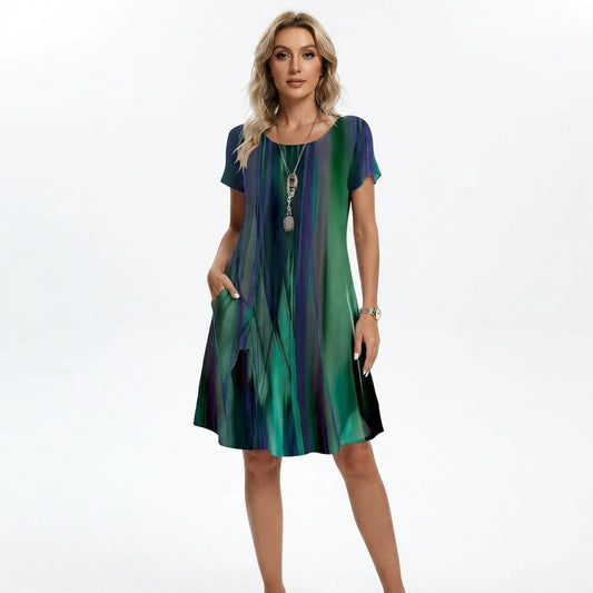 Women's Printed Midi Dress with Short Sleeves and Round Neck