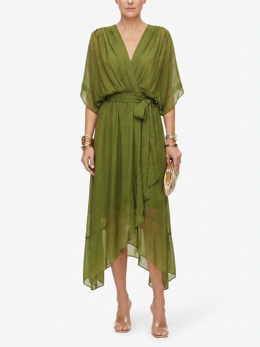 Women's Midi Dress with Bow Belt and Butterfly Sleeves