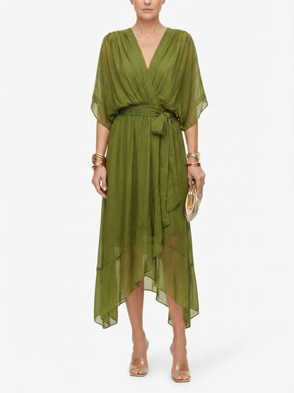 Women's Midi Dress with Bow Belt and Butterfly Sleeves