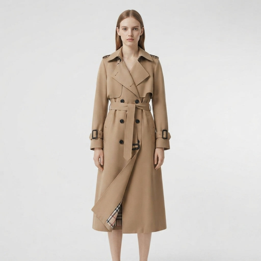 Women's Long Trench Coat with Belt and Double Button Closure