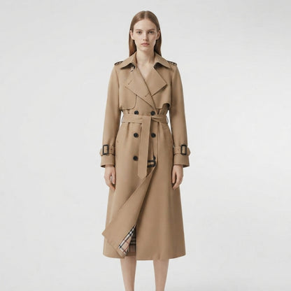 Women's Long Trench Coat with Belt and Double Button Closure