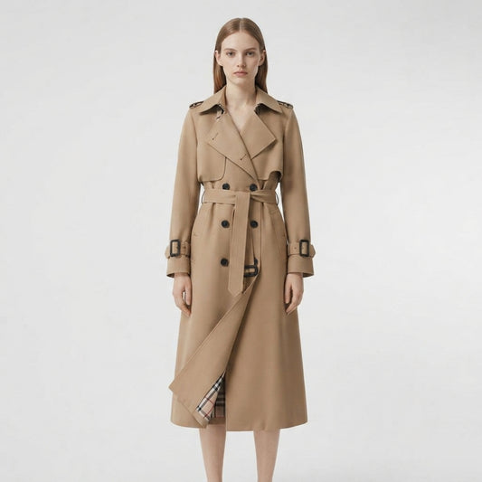 Women's Long Trench Coat with Belt and Double Button Closure