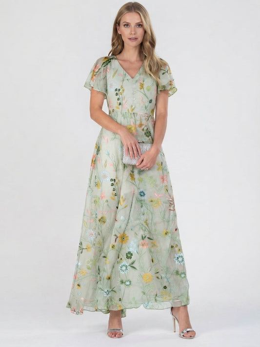 Women's Summer Floral Maxi Dress with V Neck