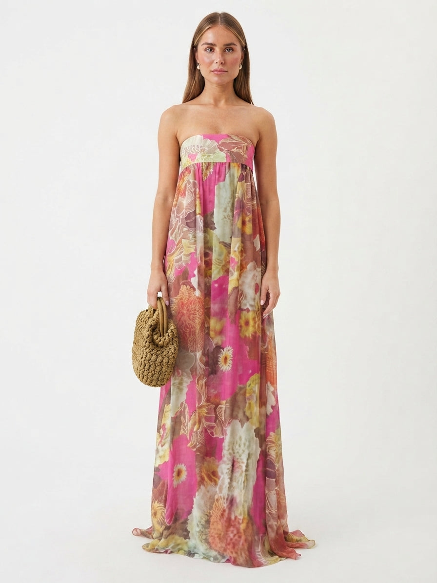 Women's Strapless Floral Maxi Dress for Wedding Guests