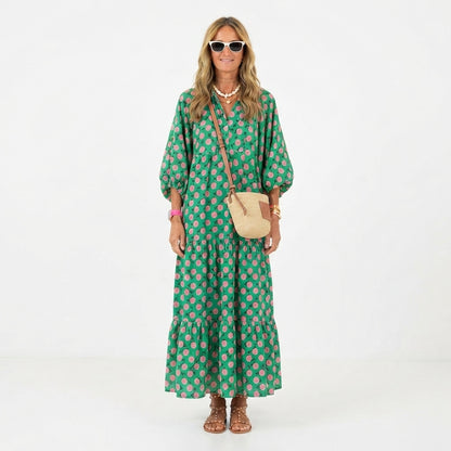 Women's Printed Maxi Dress with V-Neck and Flowy Fit
