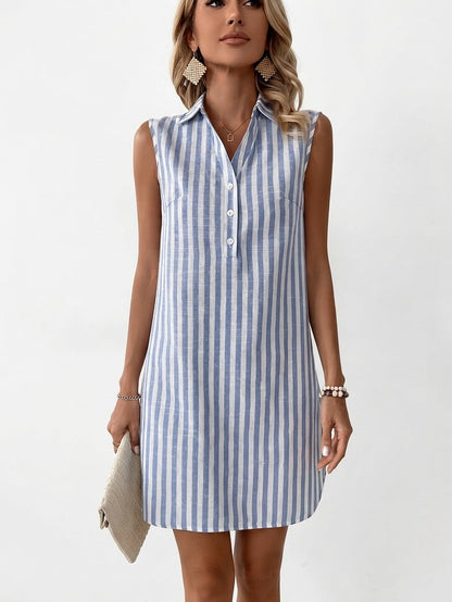 Women's Sleeveless Striped Dress with Collar