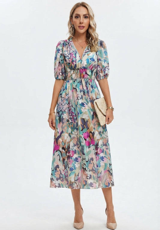 Women's Floral V-Neck Midi Dress for Wedding Guests