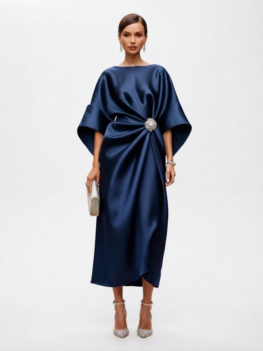Women's Elegant Maxi Dress with Draped Brooch