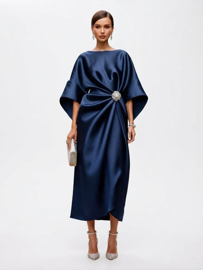 Women's Elegant Maxi Dress with Draped Brooch
